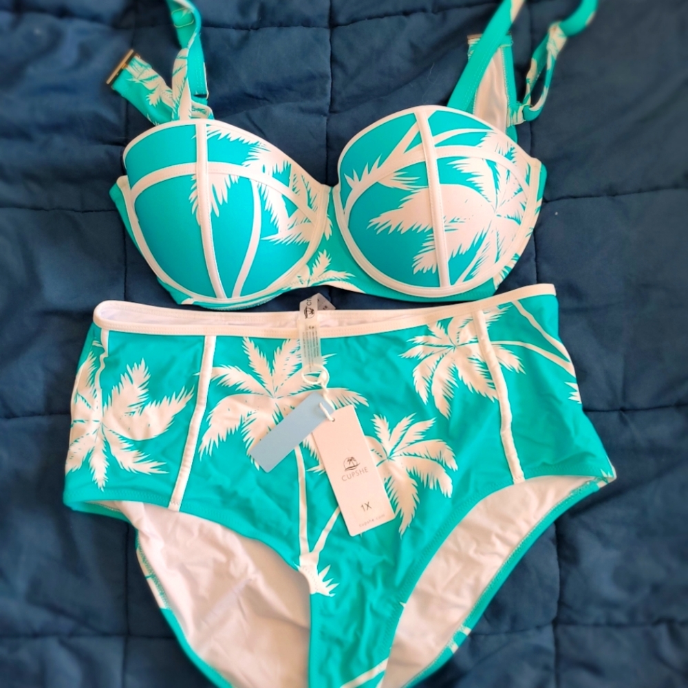 Cupshe Teal and White Palm Bikini
